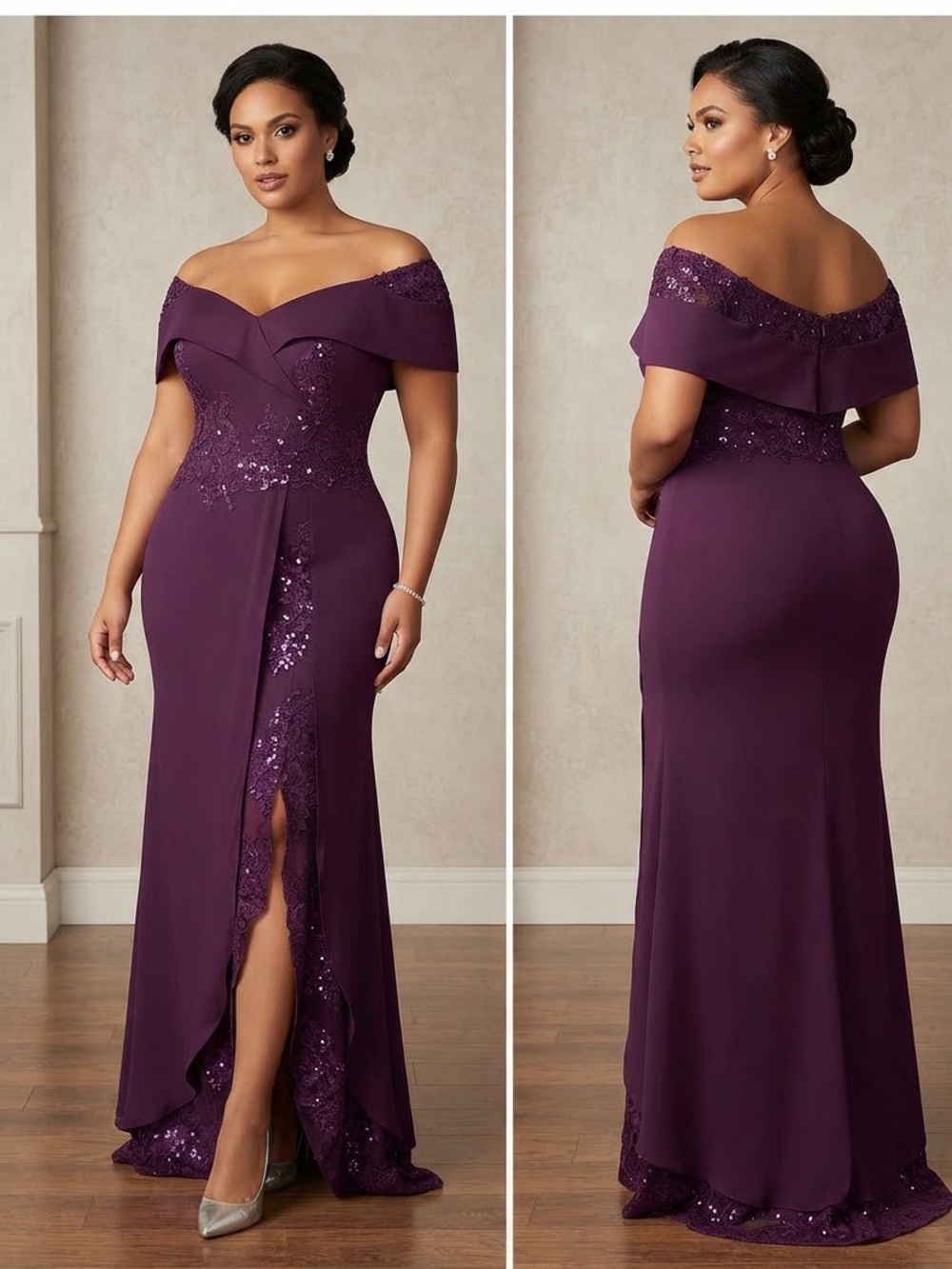 Elegant Plum Purple Sequin Lace Formal Evening Gown Party Dress Sz 14